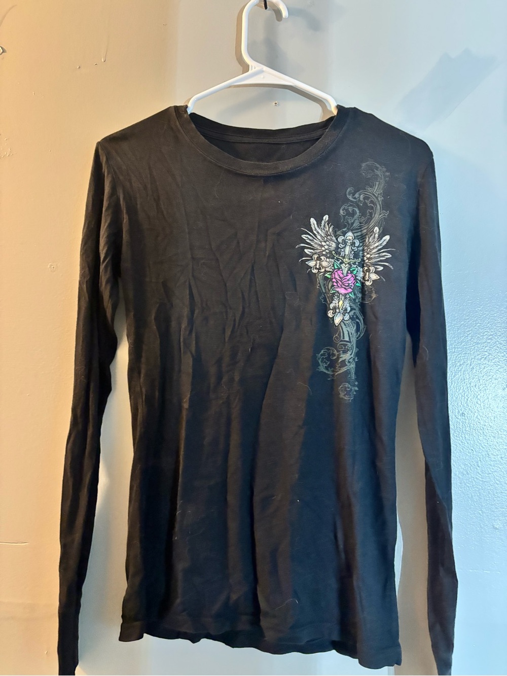 Affliction Black Long Sleeve Tee with Floral Wing Graphic